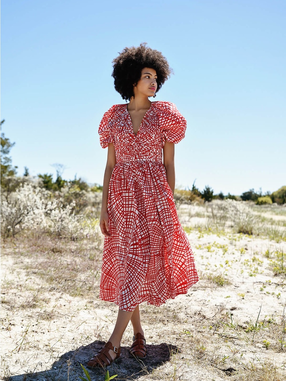 NWOT Jessie Zhao Red Patterned Puff-Sleeve Midi Dress